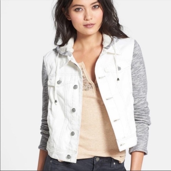 Free People Jackets & Blazers - Free People Distressed White Denim Jacket with Grey Knit Sleeves Size XS